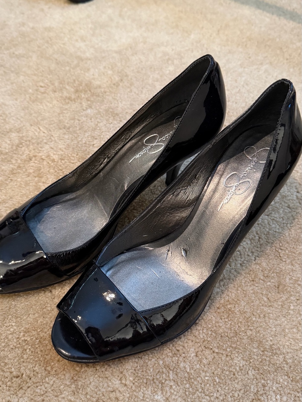 Jessica Simpson Glossy Black Patent Peep-Toe Heels